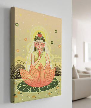Heitere Illustration einer meditativen Figur auf einem Lotus mit himmlischem Hintergrund