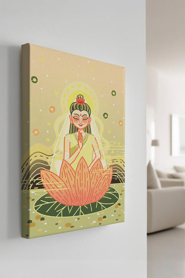 Serene illustration of meditative figure on a lotus with celestial background