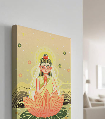 Serene illustration of meditative figure on a lotus with celestial background
