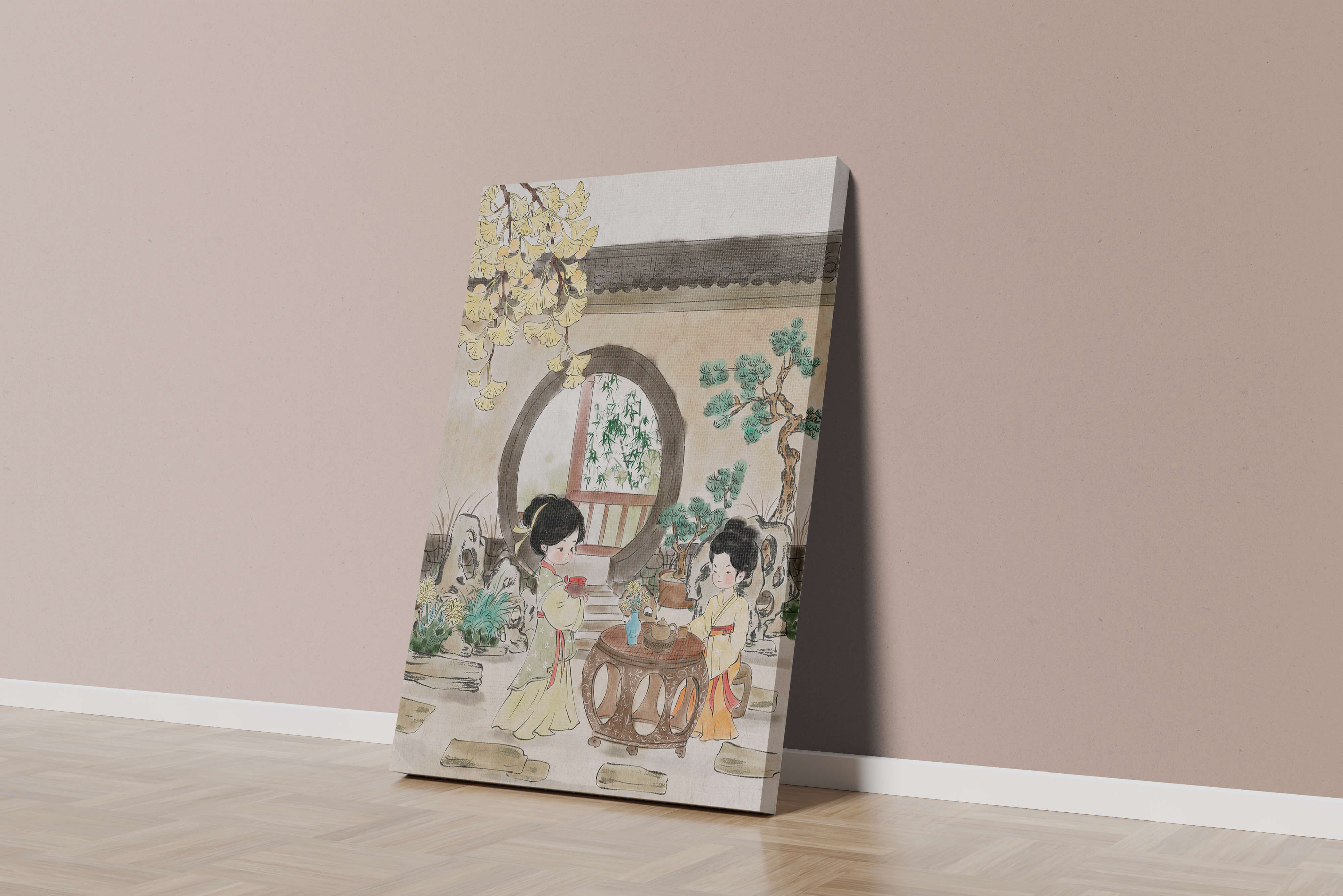 Serene traditional Chinese garden scene with women in elegant attire