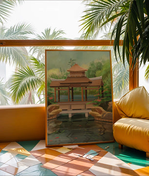 Traditional Japanese Garden Pavilion with Scenic Pond and Lush Greenery