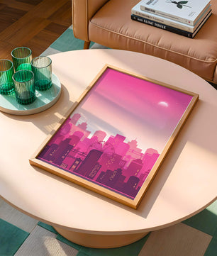 Skyline urbano al anochecer con degradado rosa y noria