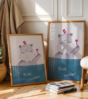 Whimsical illustration of a hippo with a pink bird and water background