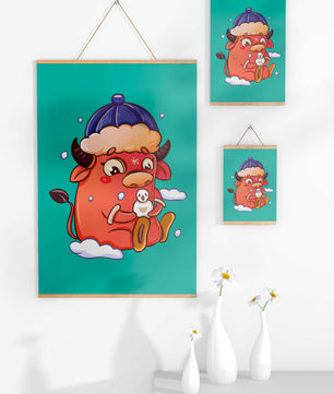 Winter cow cartoon with snowman on turquoise background