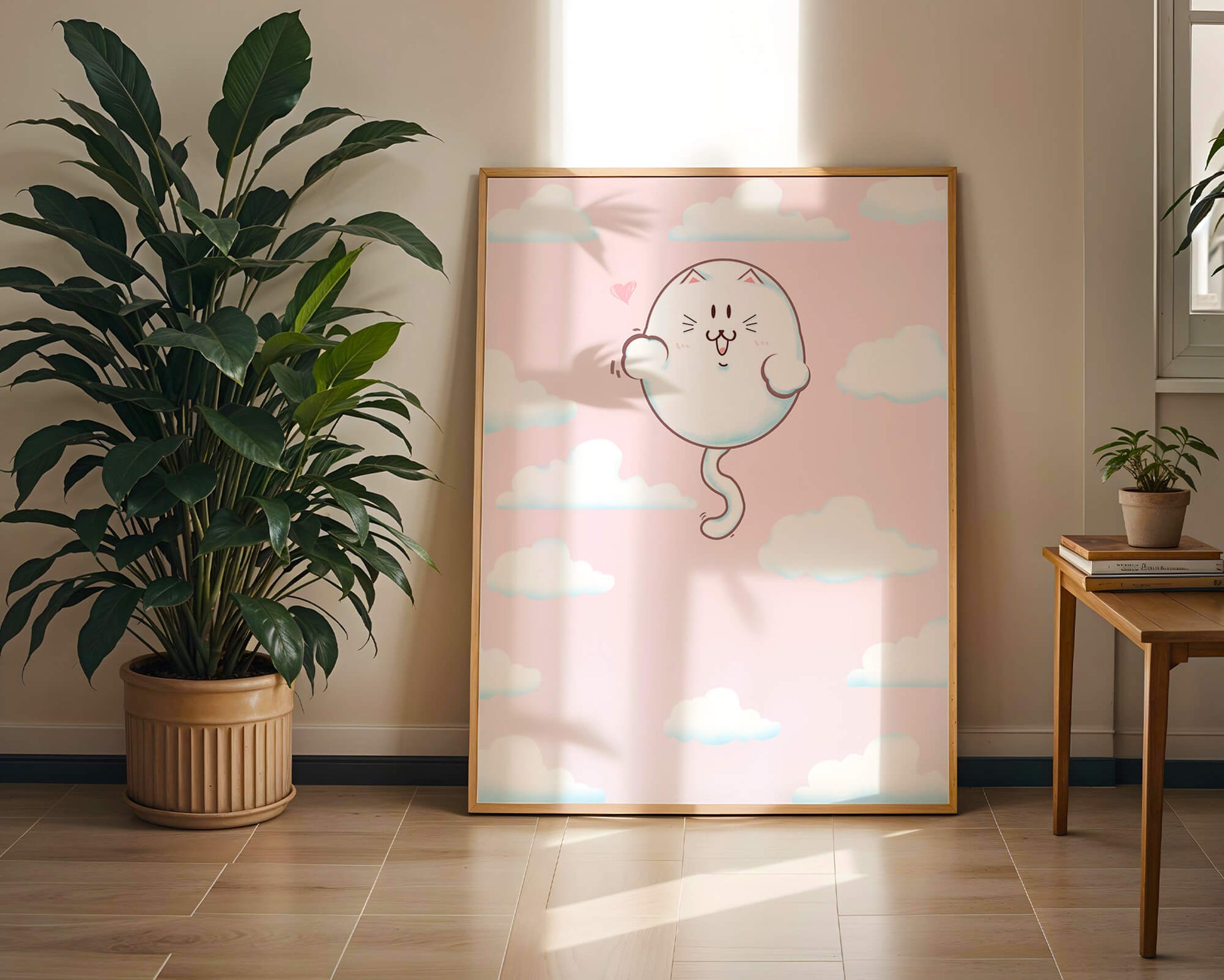 Gato flotante caprichoso en un cielo pastel con nubes esponjosas