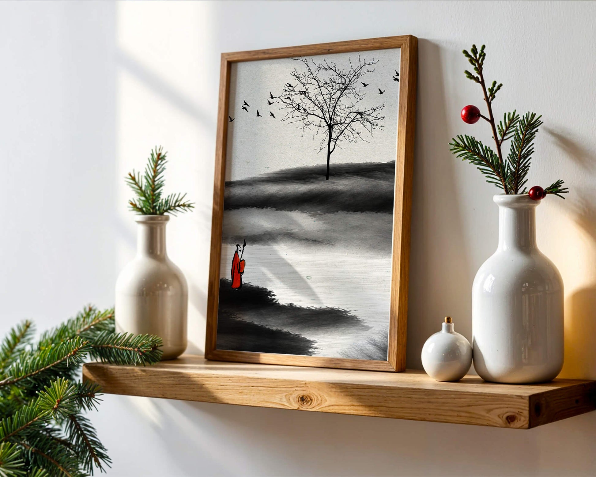 Contemplative Monk with Birds and Bare Tree in Serene Landscape