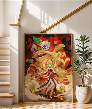 Colorful anime-inspired scene with a lion dance and festive character