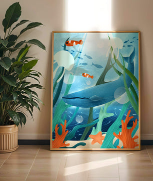 Underwater scene with whale, fish, and sea plants illustration