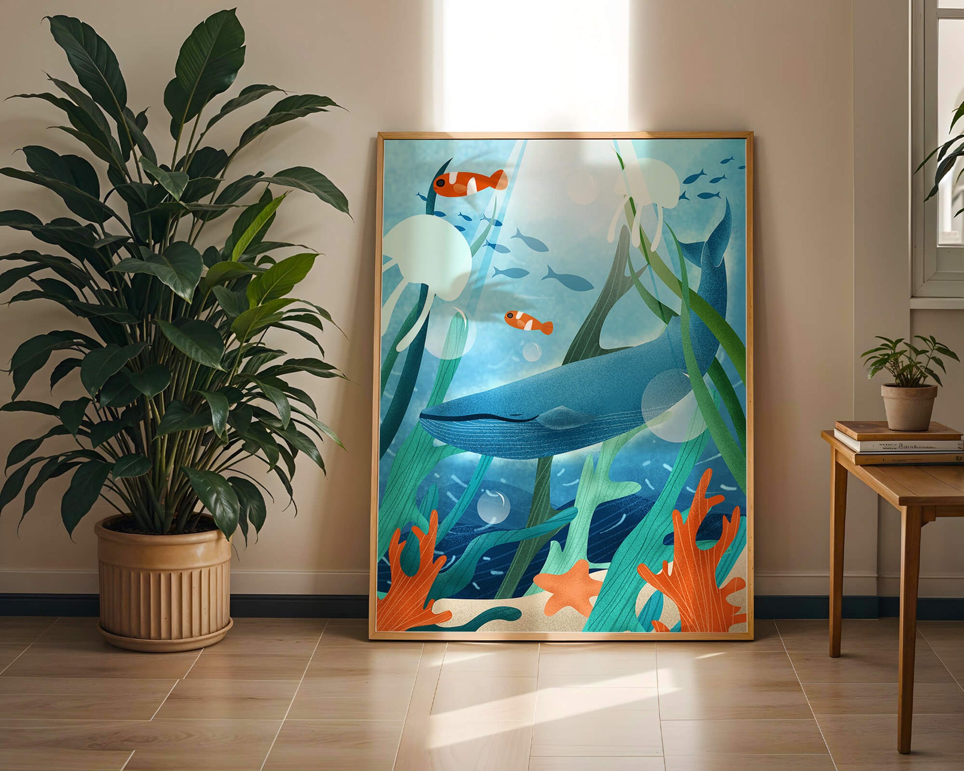 Underwater scene with whale, fish, and sea plants illustration
