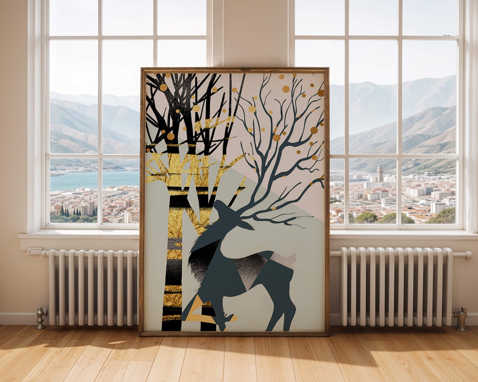 Abstract Deer Silhouette with Golden Accents and Trees