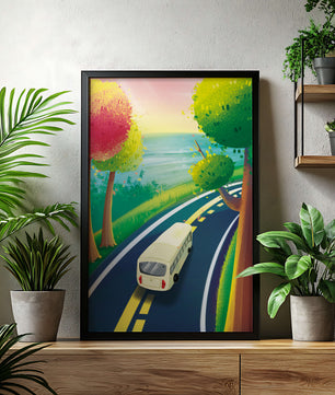 Scenic Road Trip with Vibrant Trees and Sunset