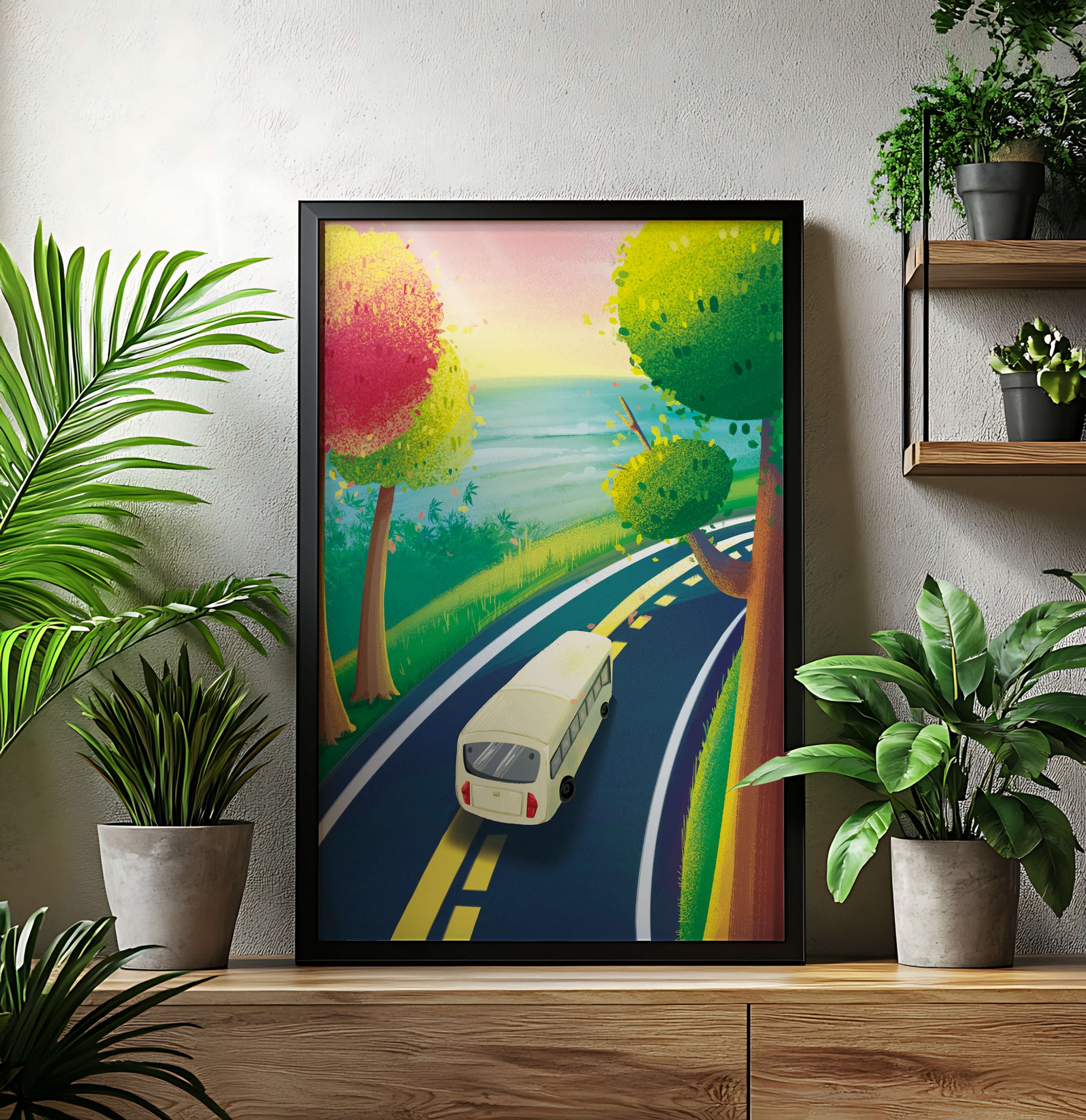 Scenic Road Trip with Vibrant Trees and Sunset