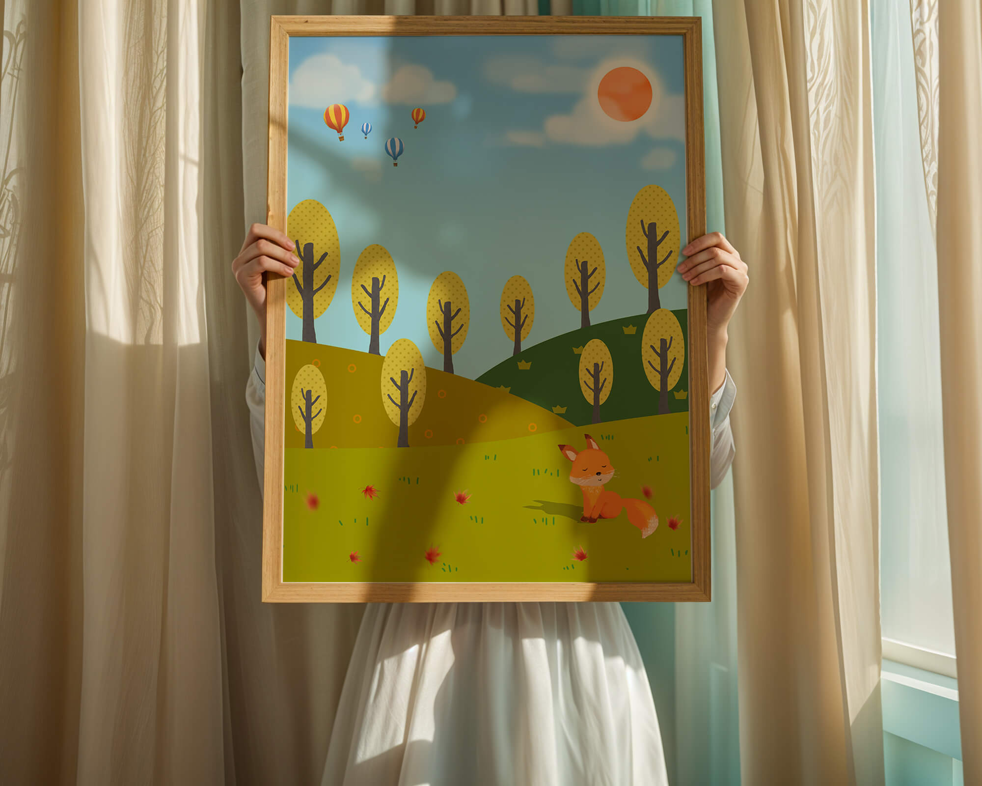 Whimsical landscape with hot air balloons and a fox in autumn scenery