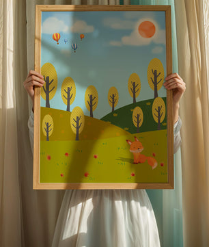 Whimsical landscape with hot air balloons and a fox in autumn scenery