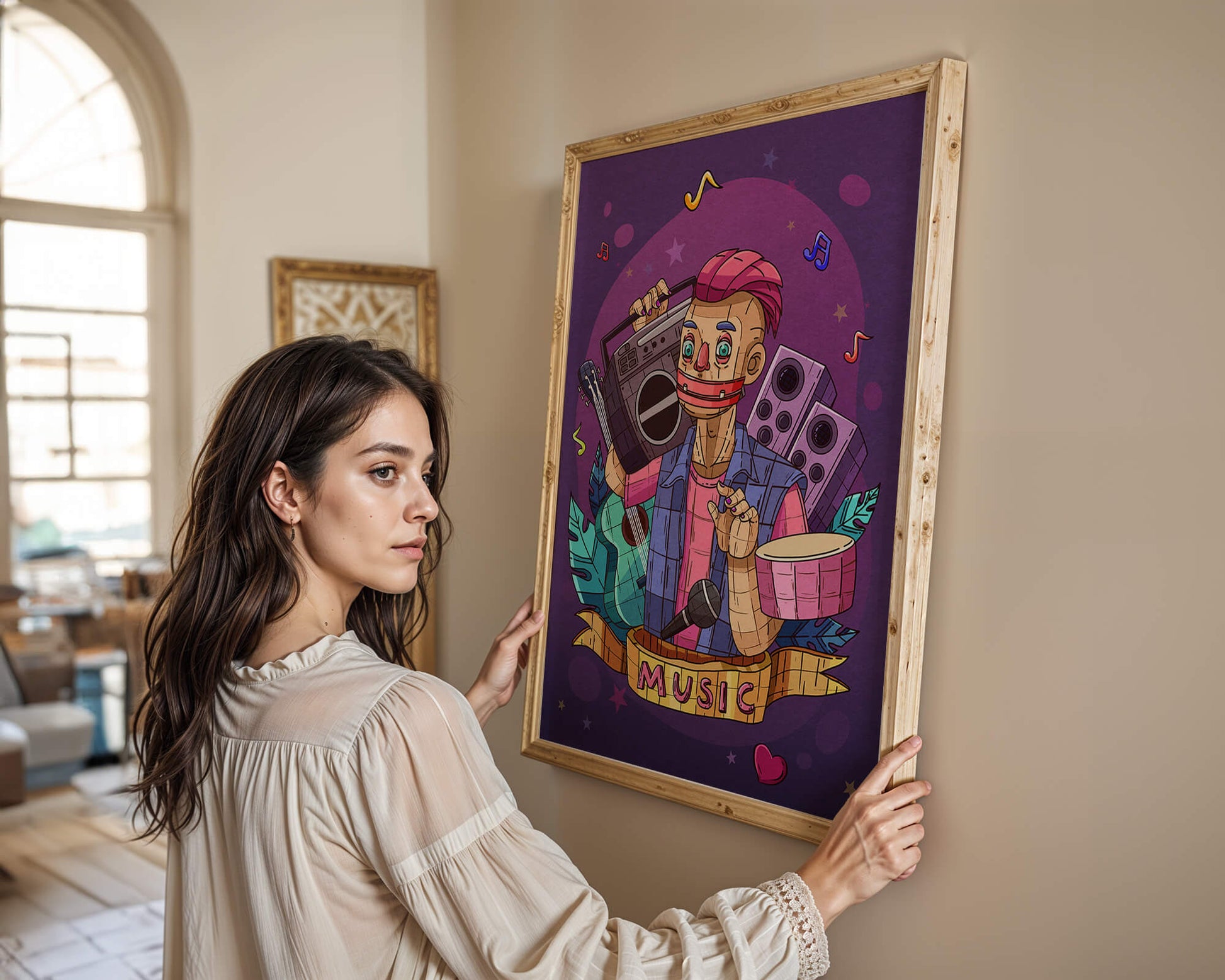 Illustration colorée sur le thème de la musique avec un personnage et des instruments