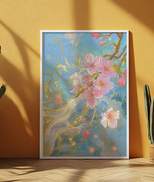 Beautiful Cherry Blossom Branch with Golden Highlights on a Soft Blue Background - Mi tienda