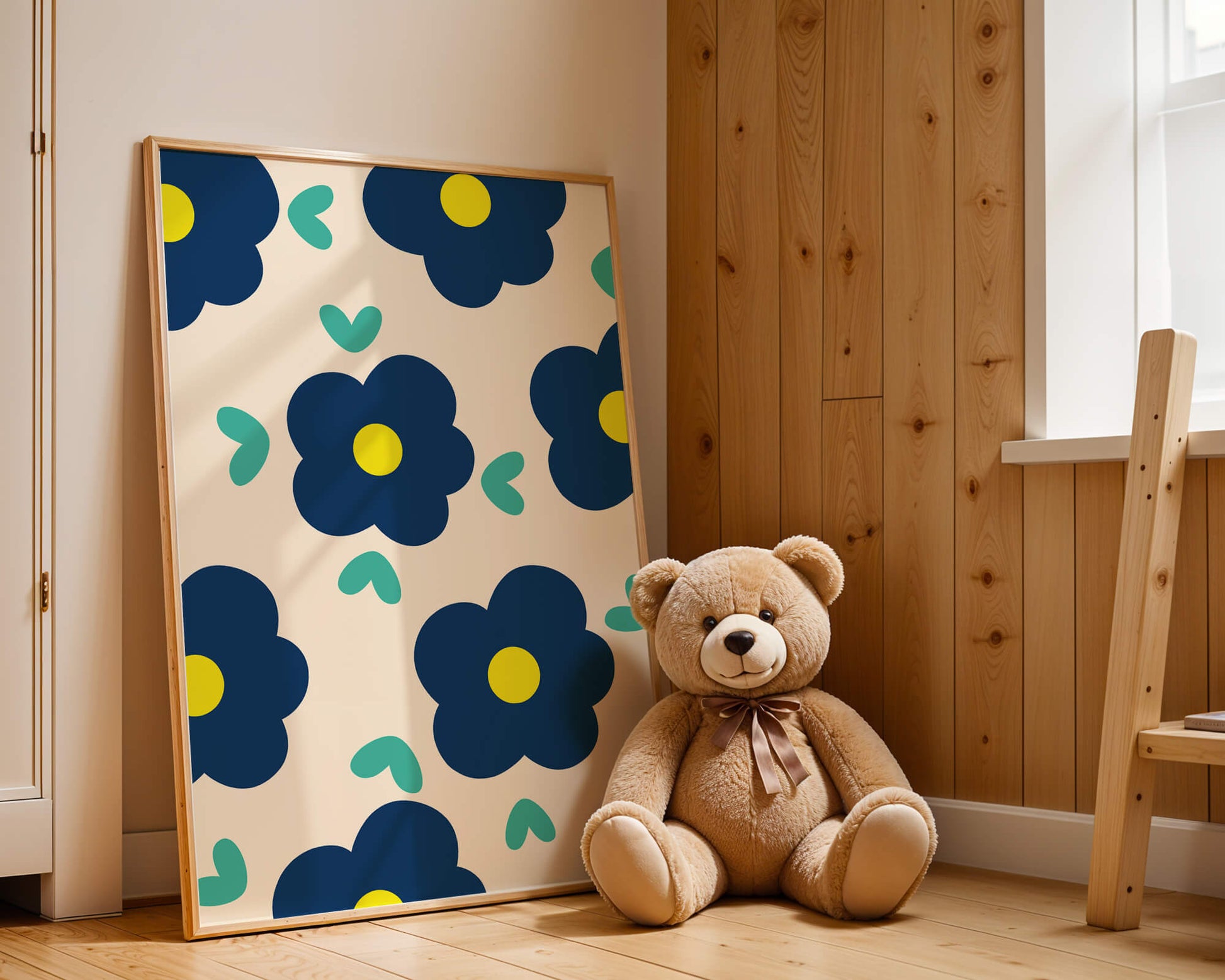 Blue floral pattern with yellow centers on cream background