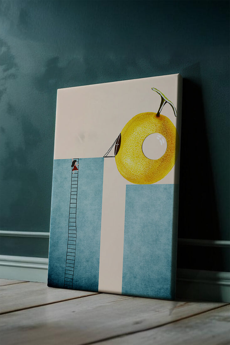 Woman Climbing Ladder towards Giant Yellow Fruit