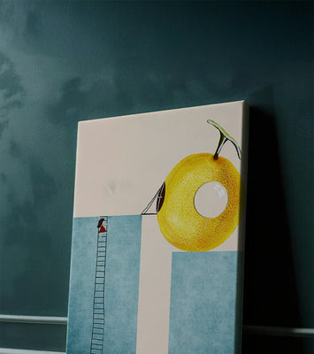 Woman Climbing Ladder towards Giant Yellow Fruit