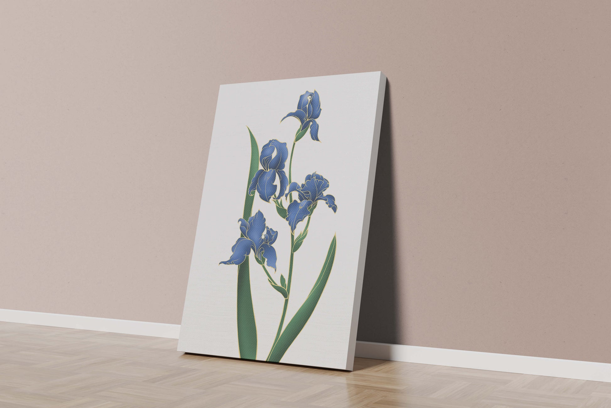 Flores de lirio azul elegantes con acentos dorados sobre un fondo blanco