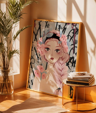 Ilustración caprichosa de una chica con cabello rosa y corona floral