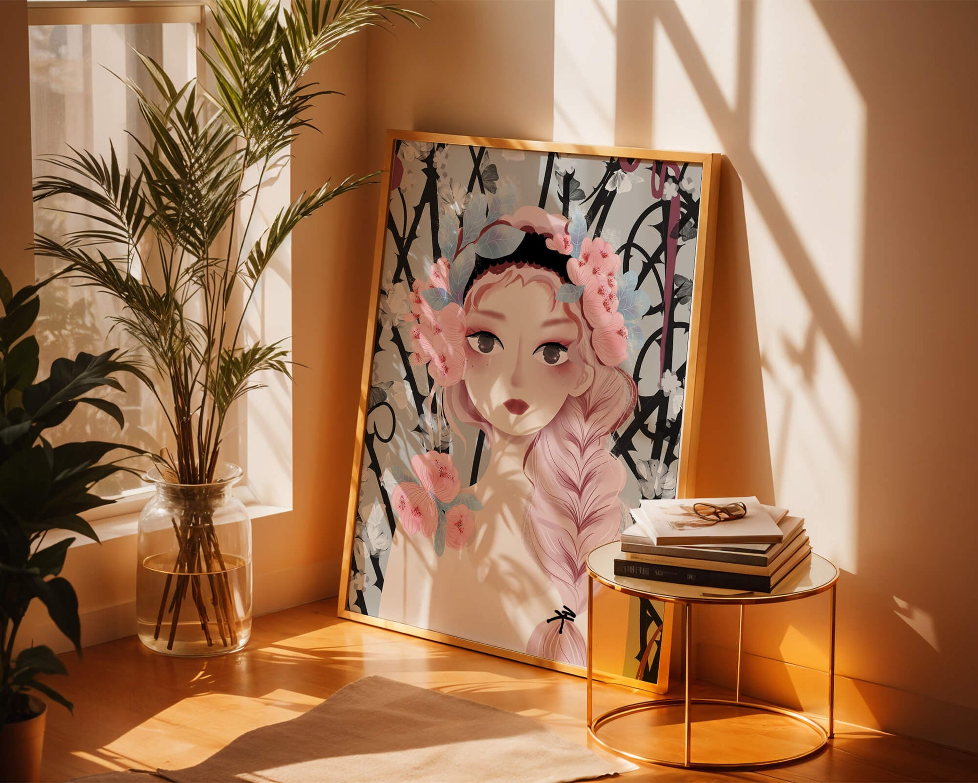 Whimsical illustration of a girl with pink hair and floral crown