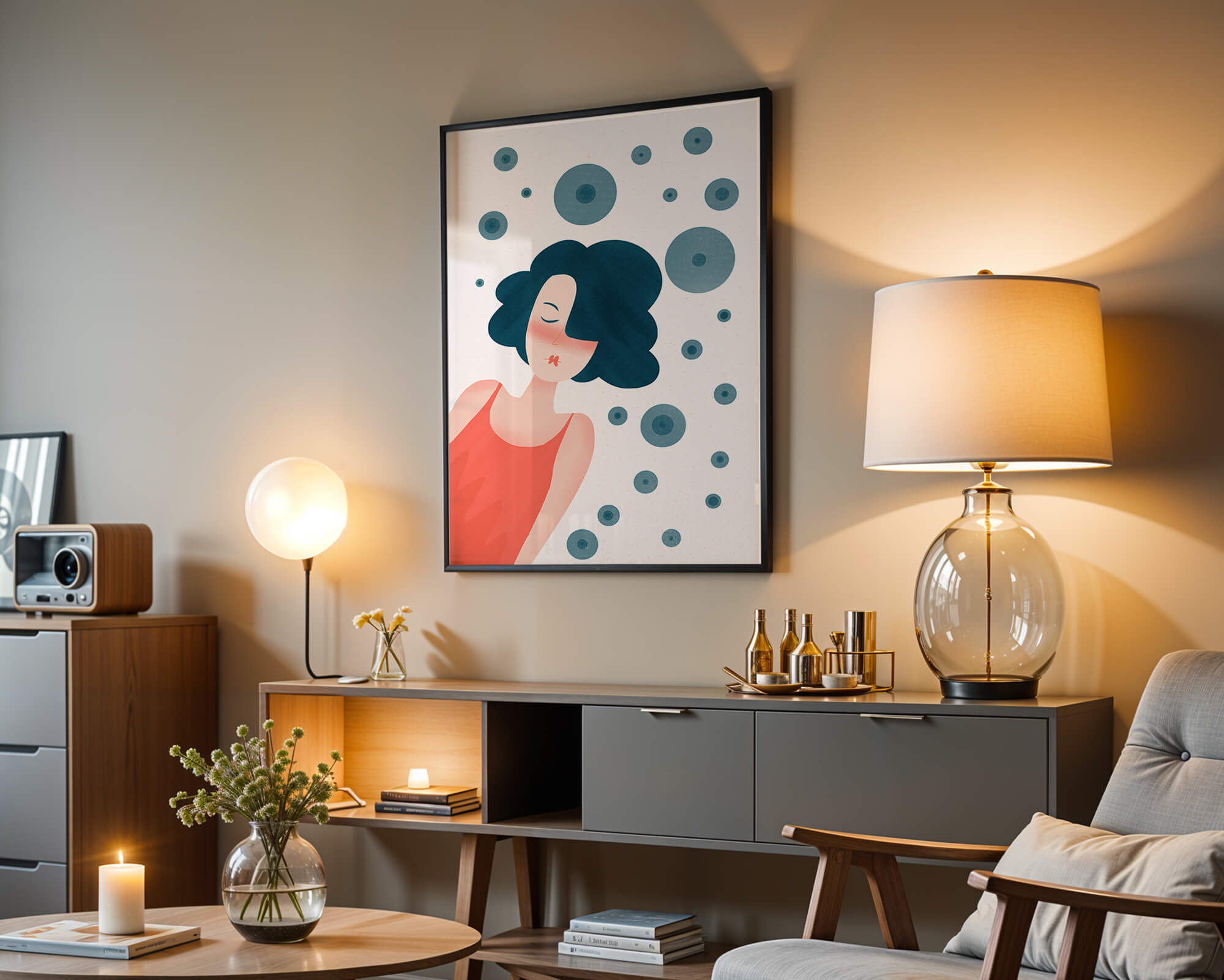 Dreamy Female Portrait with Abstract Circles in Modern Art Style - Mi tienda