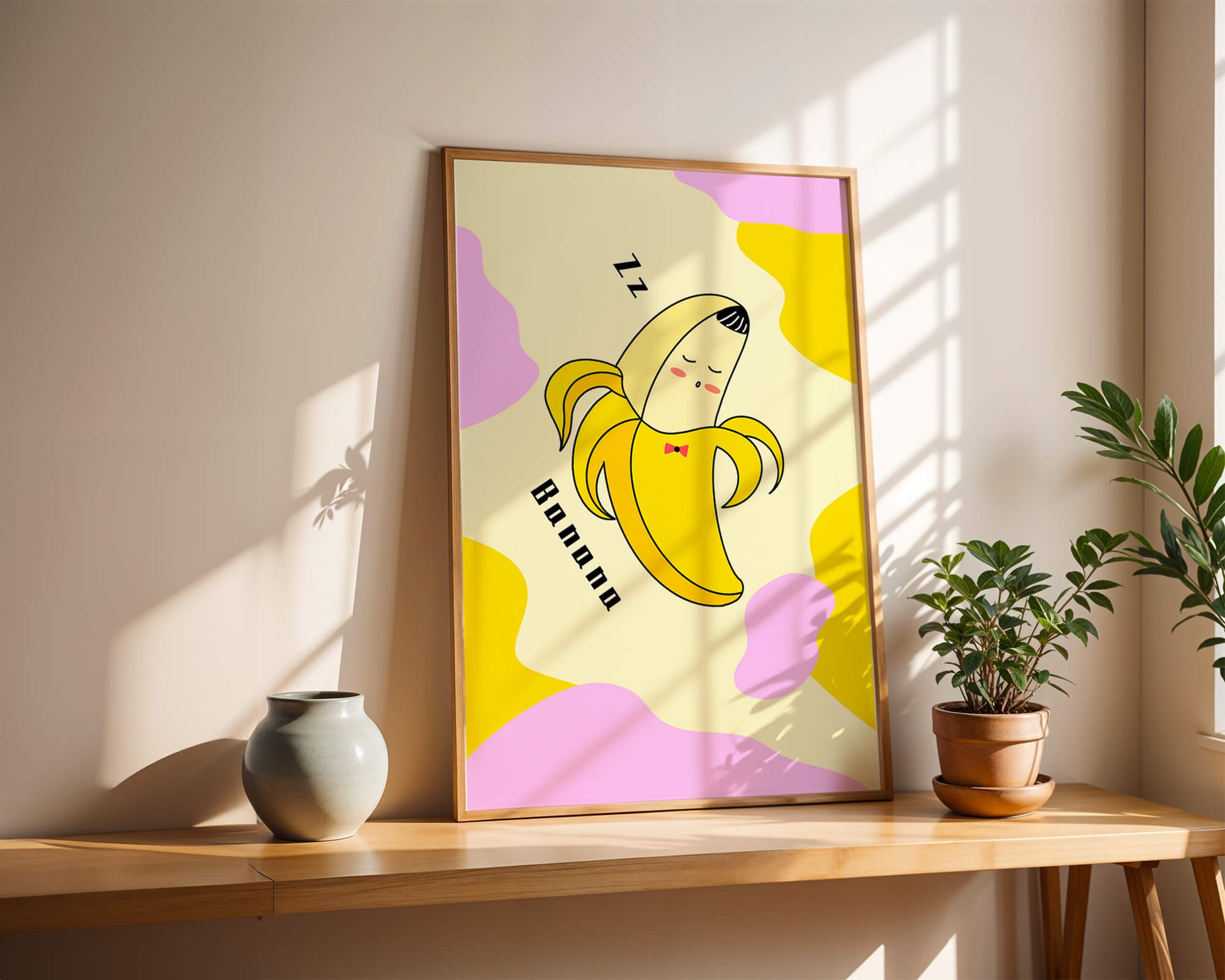 Playful illustration of a sleeping banana with colorful abstract background