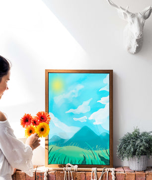 Sunny Day Overlooking a Mountain Landscape with Rolling Hills and Blue Sky