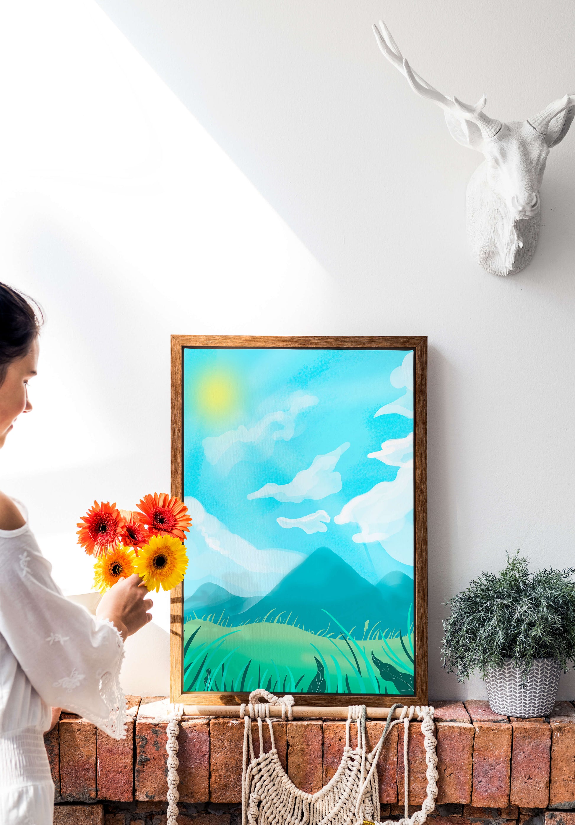 Sunny Day Overlooking a Mountain Landscape with Rolling Hills and Blue Sky