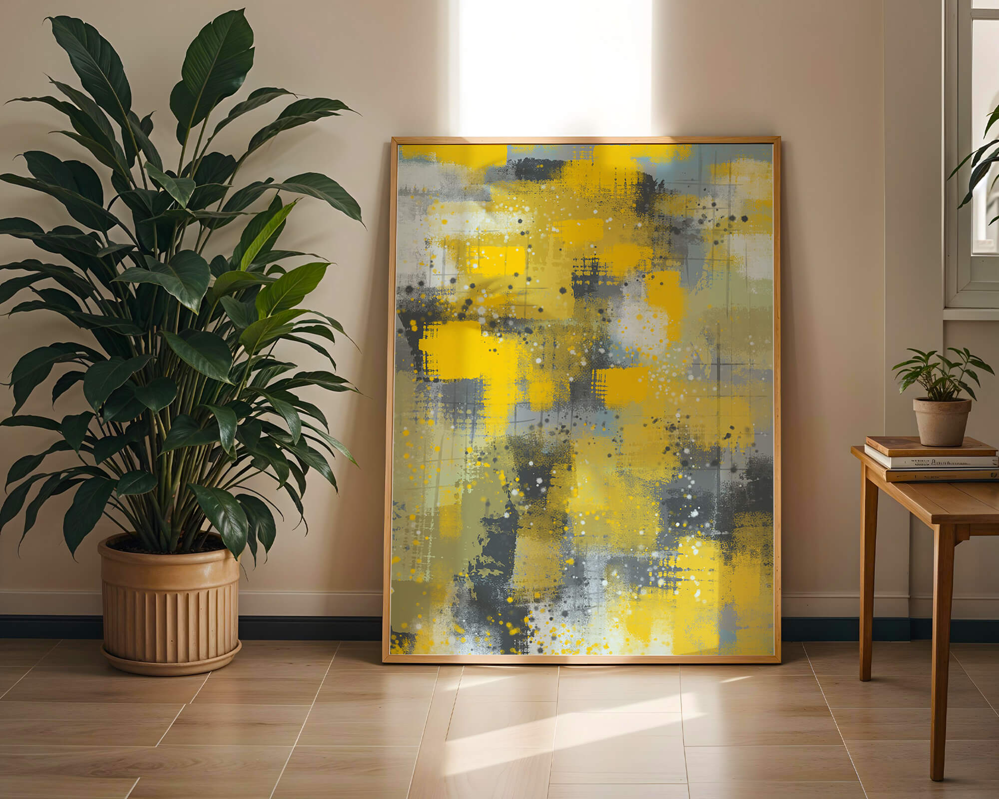 Abstract Yellow and Gray Geometric Art with Textured Patterns - Mi tienda