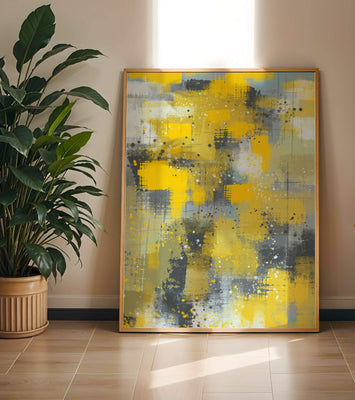 Abstract Yellow and Gray Geometric Art with Textured Patterns