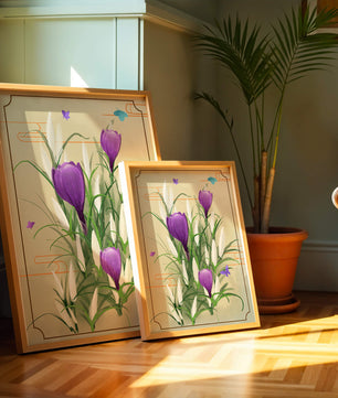 Elegant Crocus Flowers with Butterflies in a Delicate Frame