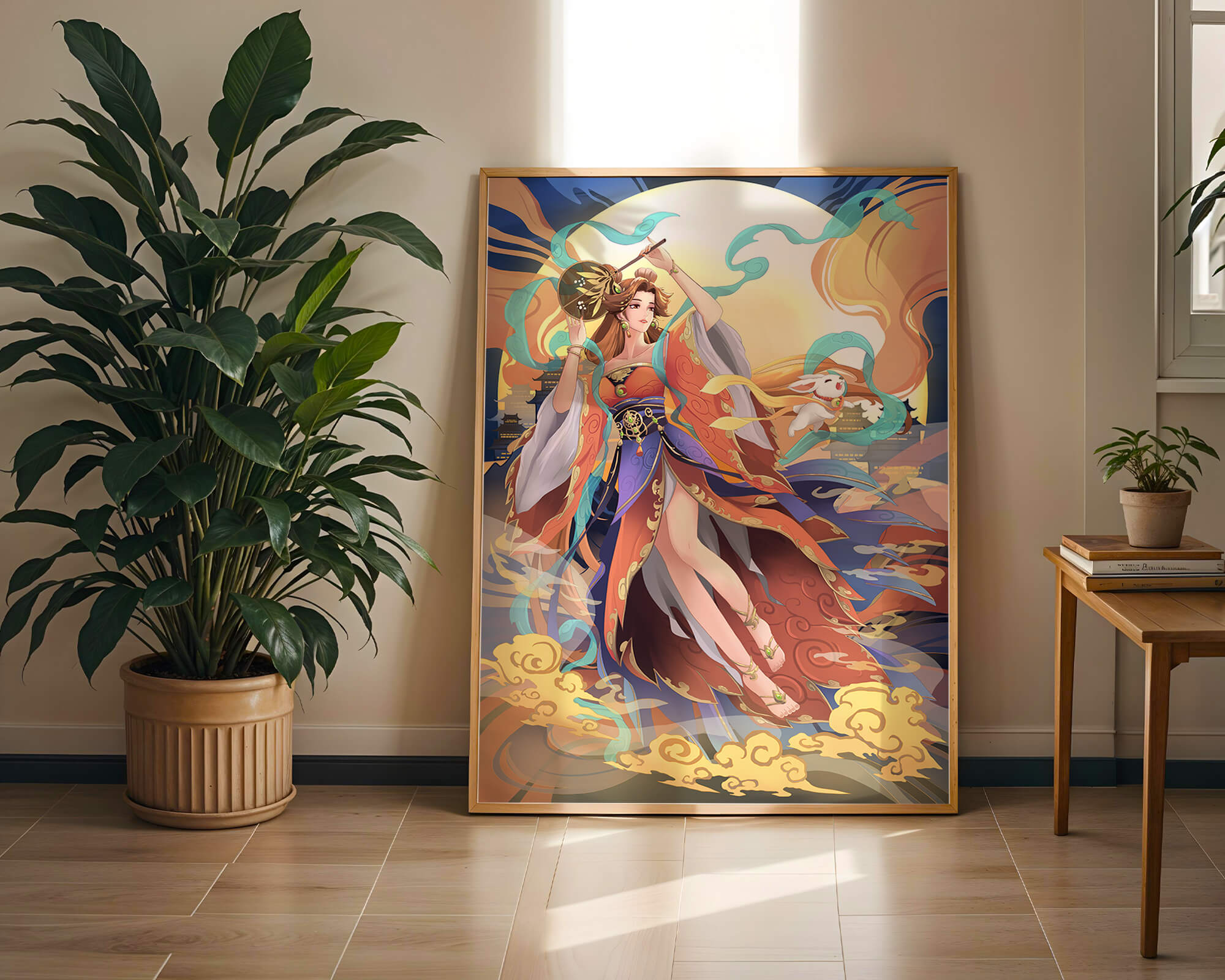 Elegant goddess with flowing robes against a mystical backdrop