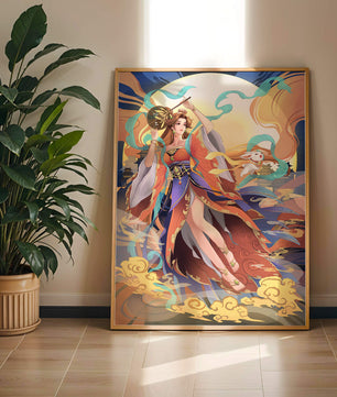 Elegant goddess with flowing robes against a mystical backdrop