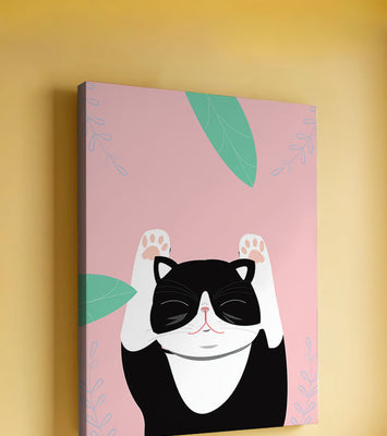 Illustrated cat on pink background with leaves