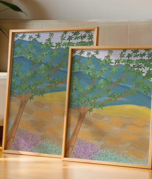 Paisaje pintoresco con árbol vibrante y fondo colorido