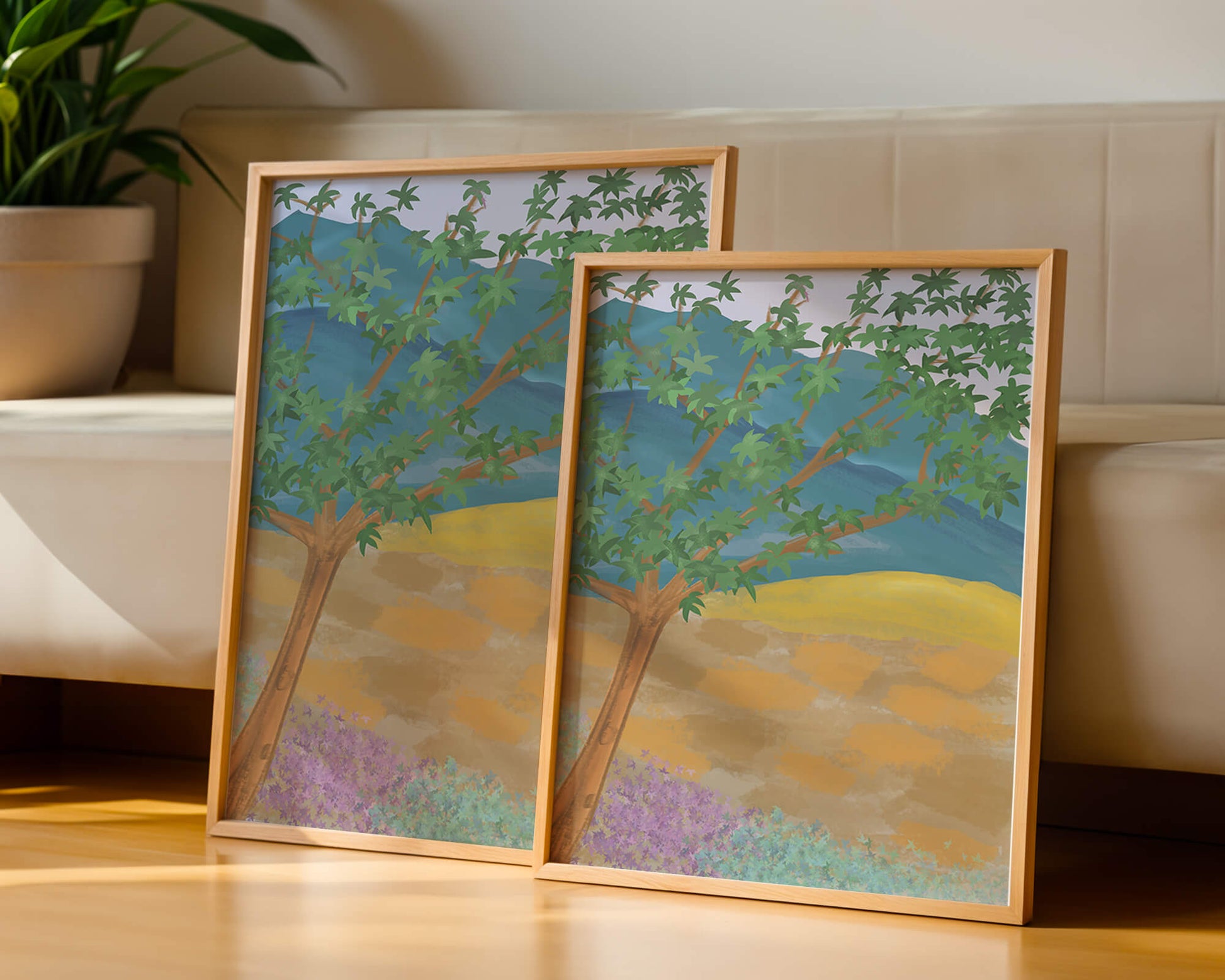 Paisaje pintoresco con árbol vibrante y fondo colorido
