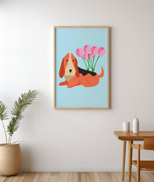 Illustration eines Basset Hound mit rosa Blumen auf hellblauem Hintergrund