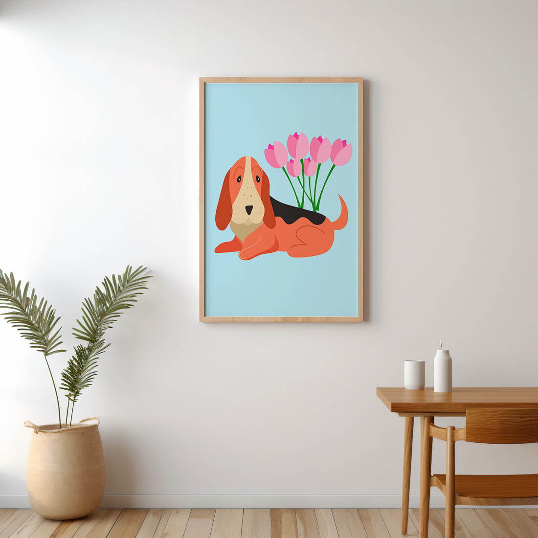 Illustration eines Basset Hound mit rosa Blumen auf hellblauem Hintergrund