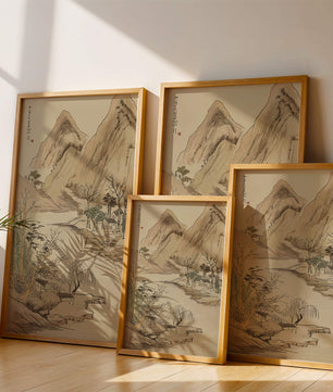 Paisaje sereno con montañas y río en estilo tradicional