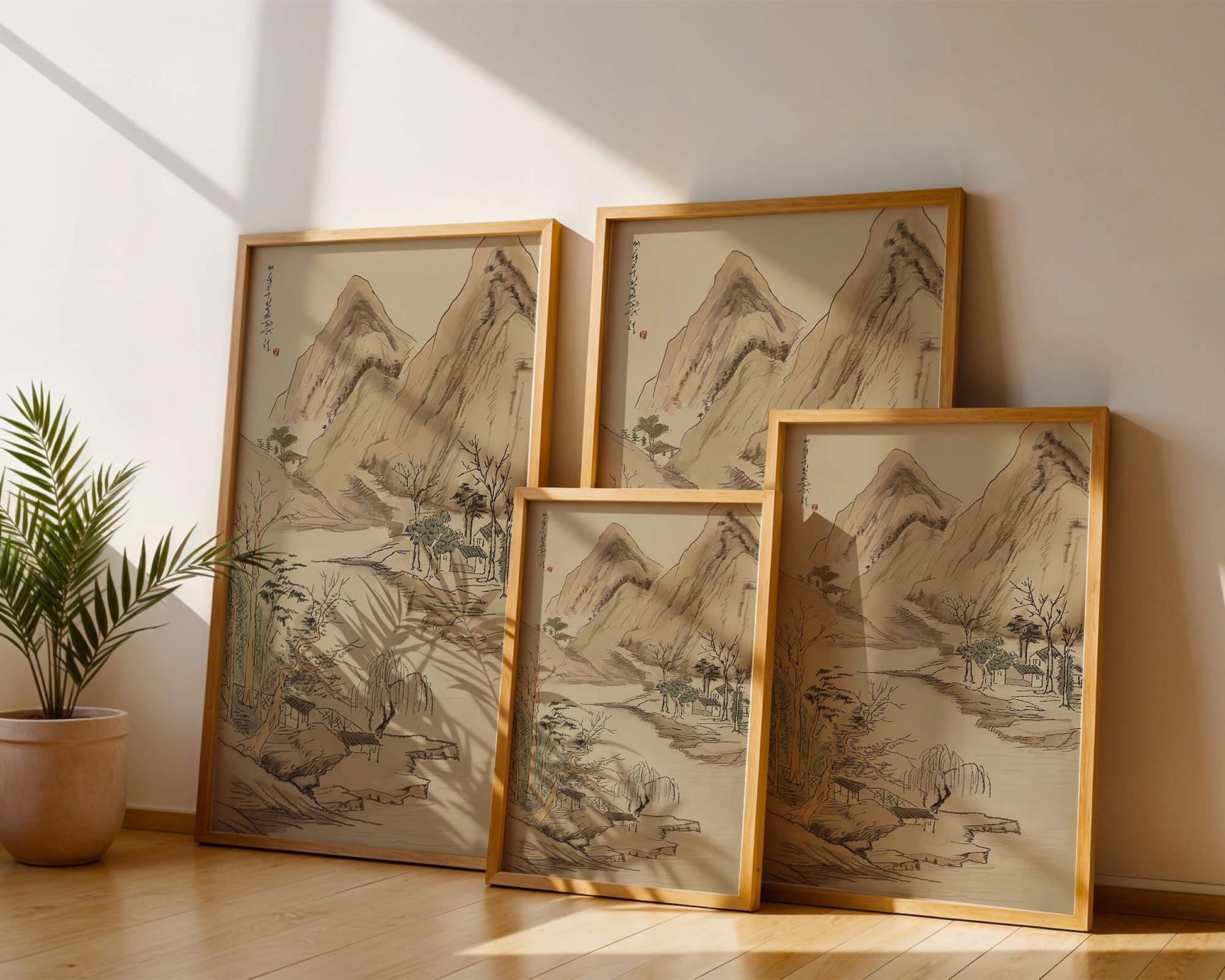 Paisaje sereno con montañas y río en estilo tradicional