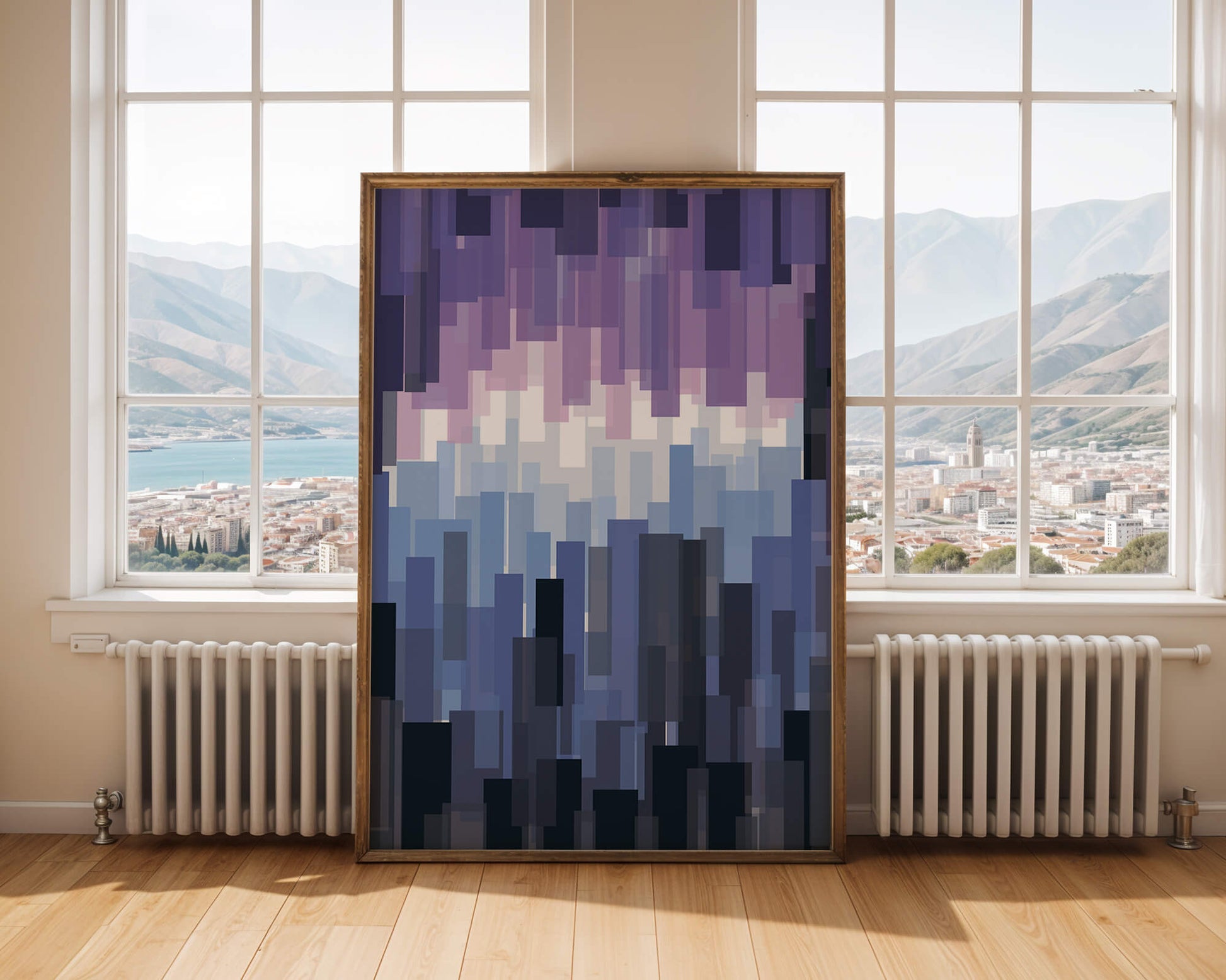 Abstrakter pixeliger Farbverlauf mit Blau- und Lilatönen