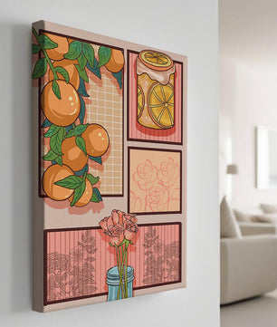 Composición artística con naranjas, frasco de rodajas de limón y rosas sobre fondo geométrico
