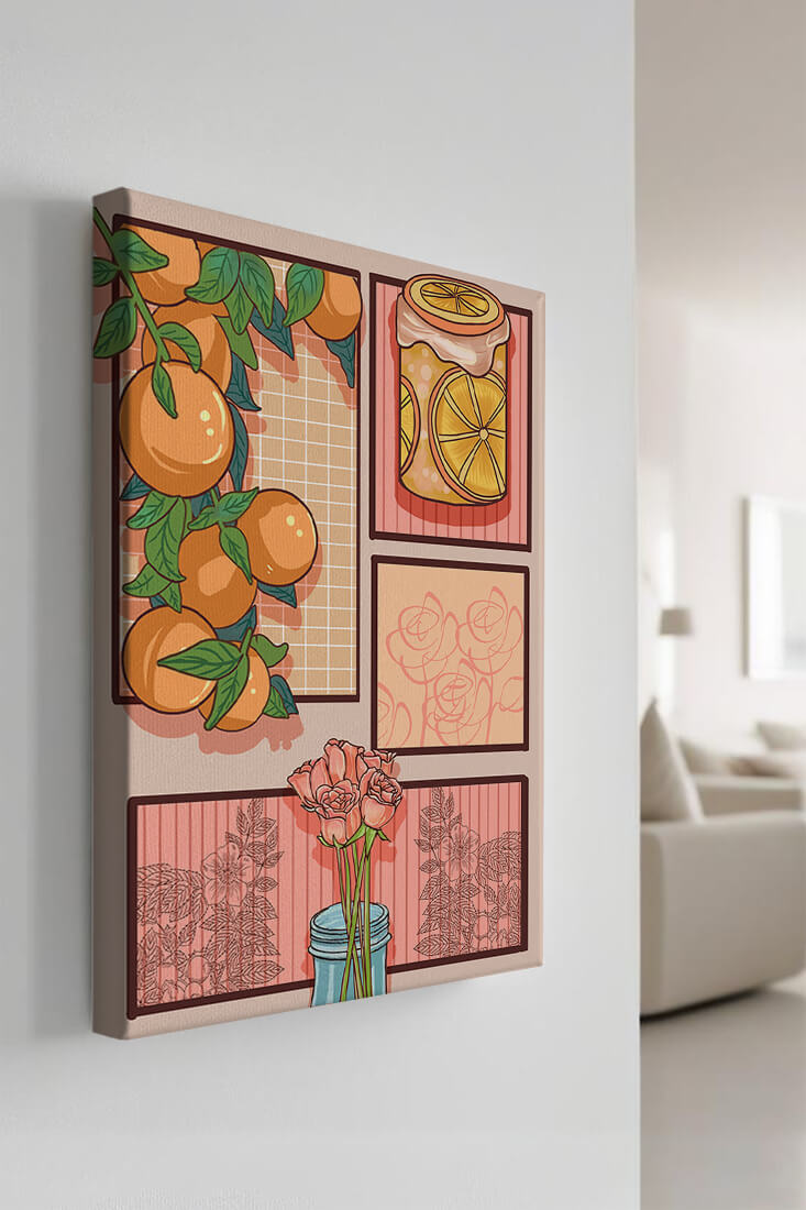 Composición artística con naranjas, frasco de rodajas de limón y rosas sobre fondo geométrico