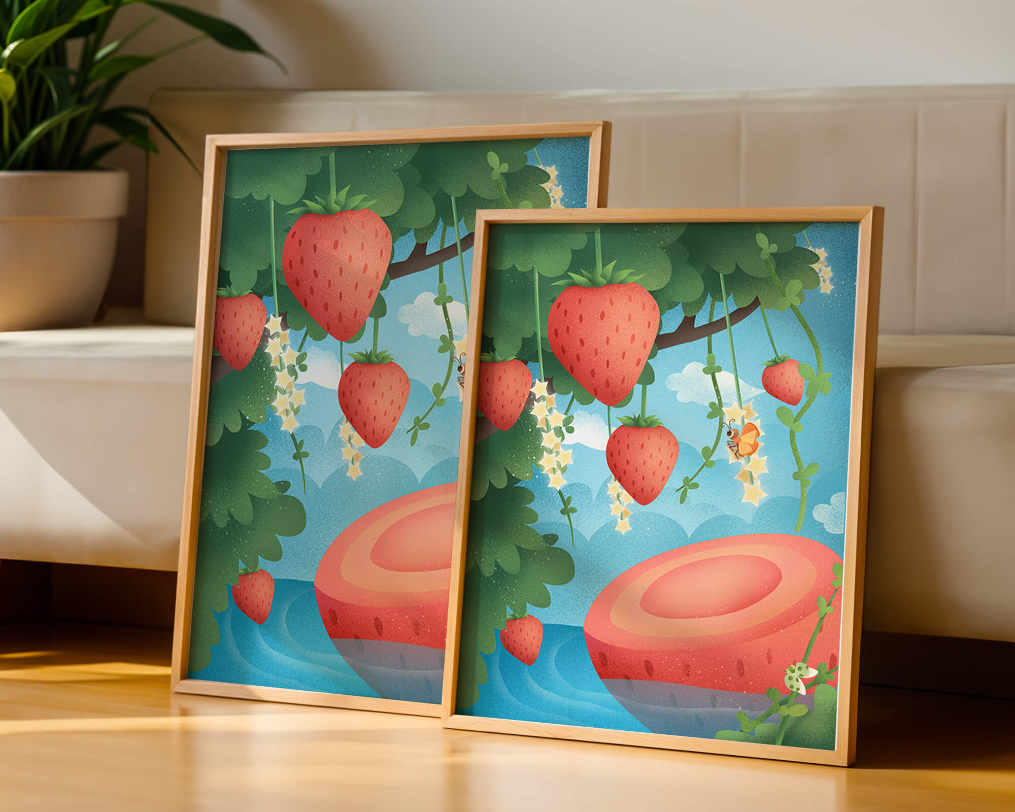 Illustrated strawberries in a whimsical garden setting