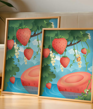 Illustrated strawberries in a whimsical garden setting