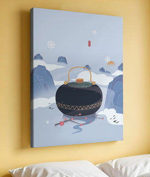 Peaceful winter landscape with kettle and cherry blossoms