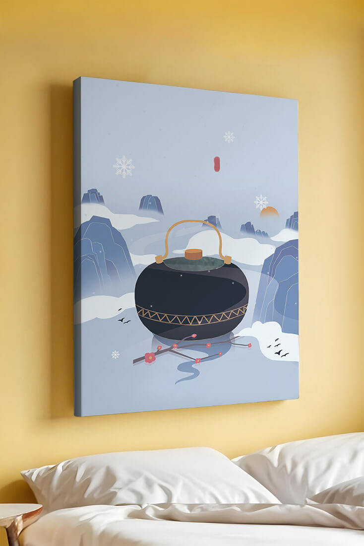 Peaceful winter landscape with kettle and cherry blossoms