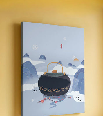 Peaceful winter landscape with kettle and cherry blossoms